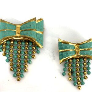 Gold & Faux Turquoise Broochs Vintage Pins Matching Bows Set of 2